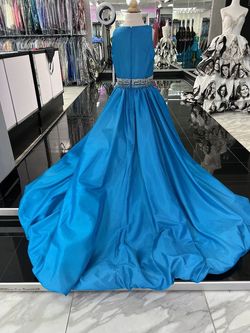 Style 10031 Rachel Allan Blue Size 8 Midi Cocktail Dress on Queenly