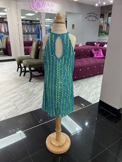 Style 10135 Rachel Allan Blue Size 8 Midi Cocktail Dress on Queenly