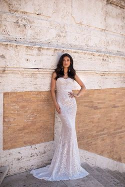 Style Constantia Alamour The Label White Size 12 Train Sequined Sheer Mermaid Dress on Queenly