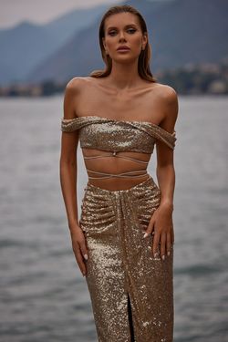 Style Fabiana Alamour The Label Gold Size 12 Sequined Tall Height Sleeves Straight Dress on Queenly