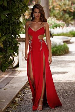 Style Melinda Alamour The Label Red Size 16 Tall Height Black Tie Side slit Dress on Queenly