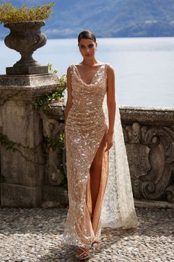 Style Priscilla Alamour The Label Gold Size 0 Floor Length Sheer Tall Height Cape Side slit Dress on Queenly