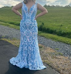 Jovani Light Blue Size 10 Plunge Wedding Guest Appearance Prom Mermaid Dress on Queenly