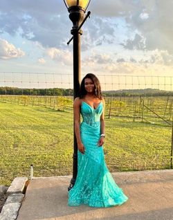 Jovani Blue Size 4 Prom Teal Sequined Mermaid Dress on Queenly