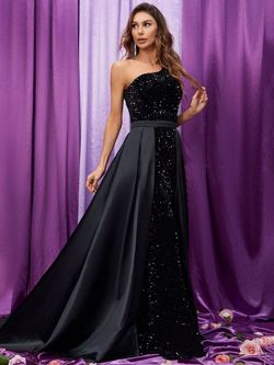 Style FSWD9013 Faeriesty Black Size 12 Sequined Polyester One Shoulder Plus Size Mermaid Dress on Queenly