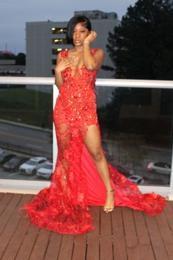 Sharlenebanks Red Size 6 Plunge Side Slit Prom Train Dress on Queenly