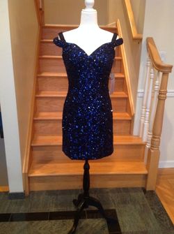 Jovani Blue Size 14 Midi Euphoria Sequined Homecoming Cocktail Dress on Queenly