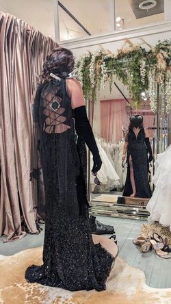 Ashley Lauren Black Size 8 Jewelled Fully Beaded Floor Length Side Slit A-line Dress on Queenly