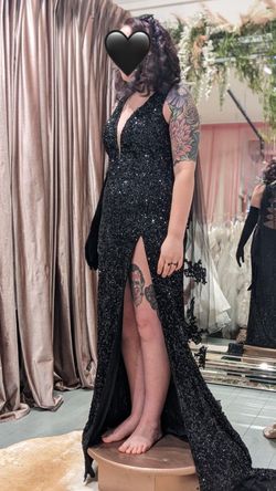 Ashley Lauren Black Size 8 Jewelled Fully Beaded Floor Length Side Slit A-line Dress on Queenly