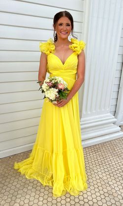 Jovani Yellow Size 4 Wedding Guest Sunday Plunge Bridesmaid Train Dress on Queenly