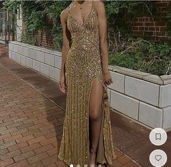 Pual Rekhi Gold Size 00 Black Tie Spaghetti Strap Plunge Fully Beaded Prom Straight Dress on Queenly