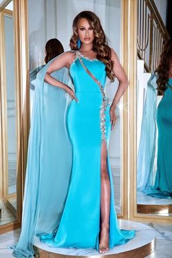 Style PS23606 Portia and Scarlett Blue Size 4 Black Tie Turquoise Tall Height Side slit Dress on Queenly