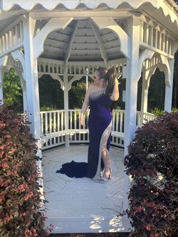 Johnathan Kayne Blue Size 4 Black Tie Prom Side slit Dress on Queenly