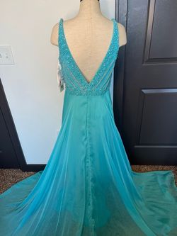 Sherri Hill Blue Size 10 Overskirt Plunge Straight Dress on Queenly