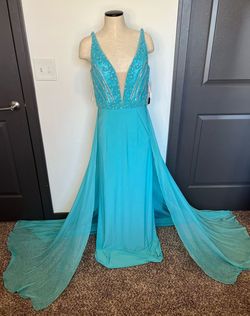 Sherri Hill Blue Size 10 Floor Length Sheer Jewelled Straight Dress on Queenly