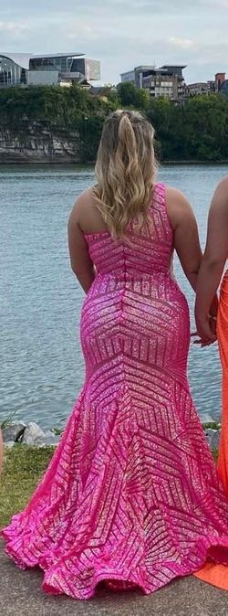 Jovani Hot Pink Size 12 One Shoulder Glitter Train Dress on Queenly
