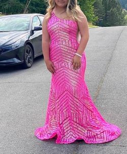 Jovani Pink Size 12 Glitter Floor Length Sequined One Shoulder Train Dress on Queenly