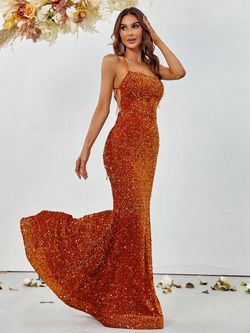 Style FSWD0586 Faeriesty Orange Size 4 Floor Length Tall Height Polyester Sequined Mermaid Dress on Queenly