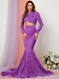 Style FSWD0414 Faeriesty Purple Size 4 Backless Floor Length Sleeves Mermaid Dress on Queenly
