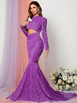 Style FSWD0414 Faeriesty Purple Size 16 Long Sleeve Jersey Mermaid Dress on Queenly