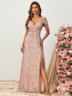 Style FSWD0722 Faeriesty Gold Size 4 A-line Tall Height Sequined Side slit Dress on Queenly