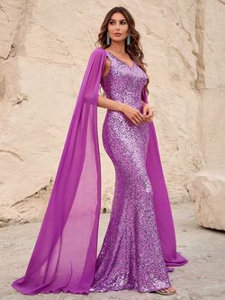 Style FSWD1320 Faeriesty Purple Size 16 Jersey Tall Height Sequined Polyester Mermaid Dress on Queenly