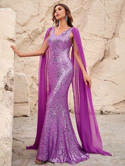 Style FSWD1320 Faeriesty Purple Size 16 Sequined Plus Size Tulle Mermaid Dress on Queenly