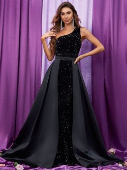 Style FSWD9013 Faeriesty Black Size 0 One Shoulder Sequined Jersey Polyester Mermaid Dress on Queenly
