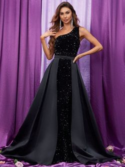 Style FSWD9013 Faeriesty Black Size 16 One Shoulder Polyester Floor Length Mermaid Dress on Queenly