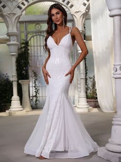 Style FSWD0673 Faeriesty White Size 0 Tall Height Sheer Polyester Sequined Mermaid Dress on Queenly