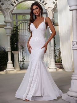 Style FSWD0673 Faeriesty White Size 8 Tall Height Sequined Prom Sheer Mermaid Dress on Queenly