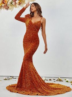 Style FSWD8016 Faeriesty Orange Size 4 Sequined Shiny Polyester Tall Height Mermaid Dress on Queenly