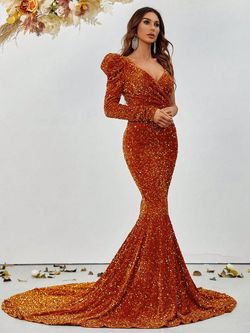 Style FSWD8016 Faeriesty Orange Size 8 Floor Length Barbiecore Tall Height Sequined Mermaid Dress on Queenly
