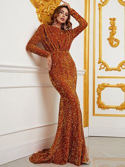Style FSWD0602 Faeriesty Orange Size 8 Tall Height Sequined Polyester Side slit Dress on Queenly