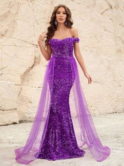 Style FSWD0478 Faeriesty Purple Size 0 Tall Height Sheer Polyester Sequined Mermaid Dress on Queenly