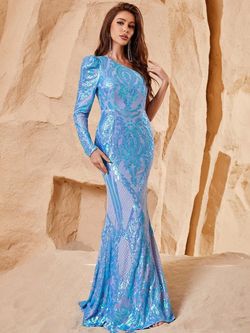 Style FSWD0175 Faeriesty Blue Size 0 Floor Length Jersey One Shoulder Tall Height Mermaid Dress on Queenly