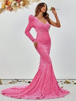 Style FSWD8016 Faeriesty Pink Size 0 Jersey Long Sleeve Sequined Tall Height Mermaid Dress on Queenly