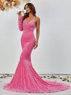 Style FSWD8016 Faeriesty Pink Size 8 Jersey Long Sleeve Sequined Tall Height Mermaid Dress on Queenly