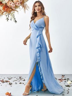 Style FSWD8057 Faeriesty Blue Size 4 Floor Length Jersey Side slit Dress on Queenly