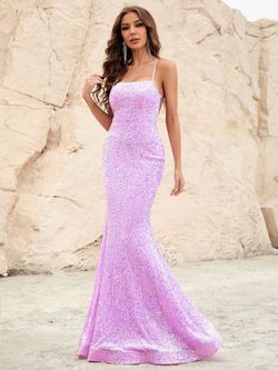 Style FSWD0586 Faeriesty Purple Size 0 Sequined Floor Length Spaghetti Strap Mermaid Dress on Queenly
