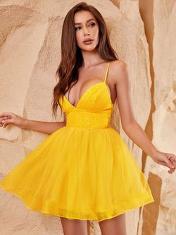 Style FSWD1129 Faeriesty Yellow Size 0 Spaghetti Strap Polyester Tall Height Cocktail Dress on Queenly