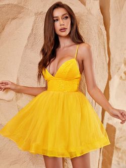 Style FSWD1129 Faeriesty Yellow Size 16 Plus Size Sheer Cocktail Dress on Queenly
