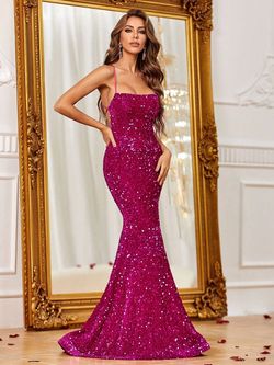 Style FSWD0586 Faeriesty Hot Pink Size 0 Jersey Sequined Fswd0586 Spaghetti Strap Mermaid Dress on Queenly