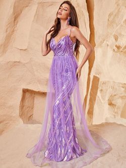 Style FSWD0912 Faeriesty Purple Size 4 Sheer Sequined Mermaid Dress on Queenly