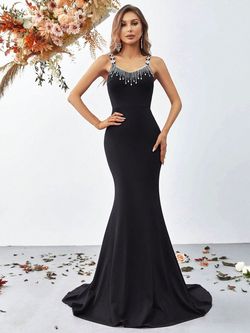 Style FSWD0901 Faeriesty Black Size 0 Spaghetti Strap Military Jersey Floor Length Mermaid Dress on Queenly
