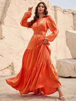 Style FSWD0966 Faeriesty Orange Size 0 Belt Jersey Tall Height Floor Length Straight Dress on Queenly