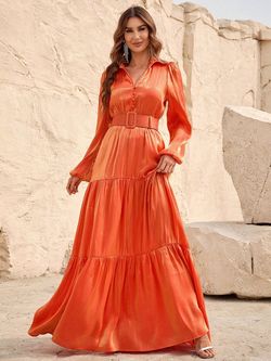 Style FSWD0966 Faeriesty Orange Size 0 Military Belt Floor Length Straight Dress on Queenly