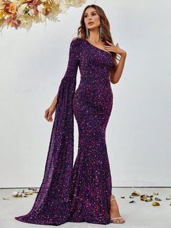 Style FSWD0789 Faeriesty Purple Size 16 Polyester Plus Size Sequined Side slit Dress on Queenly