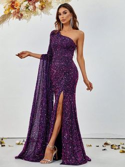 Style FSWD0789 Faeriesty Purple Size 16 Sequined Polyester One Shoulder Jersey Side slit Dress on Queenly