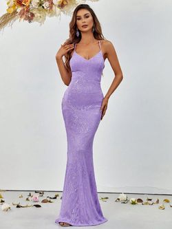 Style FSWD1255 Faeriesty Purple Size 12 Sequined Floor Length Spaghetti Strap Mermaid Dress on Queenly